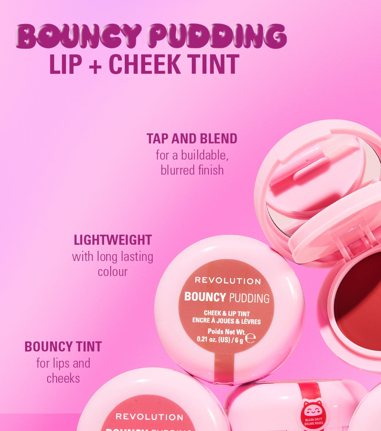 Makeup Revolution - Tinte para mejillas y labios Bouncy Pudding - Brush Drift