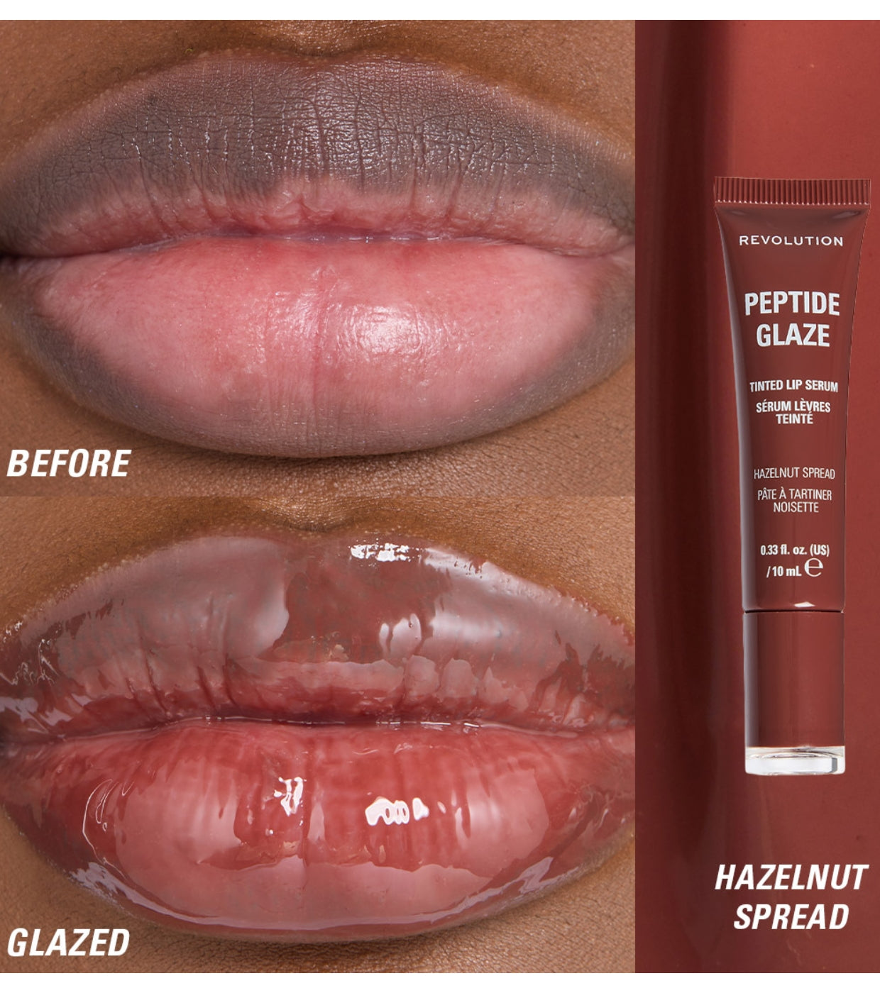 Makeup Revolution - Tinte labial con sérum Peptide Glaze - Hazelnut Spread